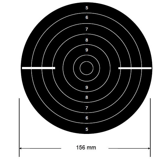 Bersaglio di celere a 10 metri Mouche 13 mm Anello del 7 104 mm Anello del 10 26 mm Anello del 6 130 mm Anello del 9 52 mm Anello del 5 156 mm Anello del 8 78 mm Spessore delle righe di demarcazione