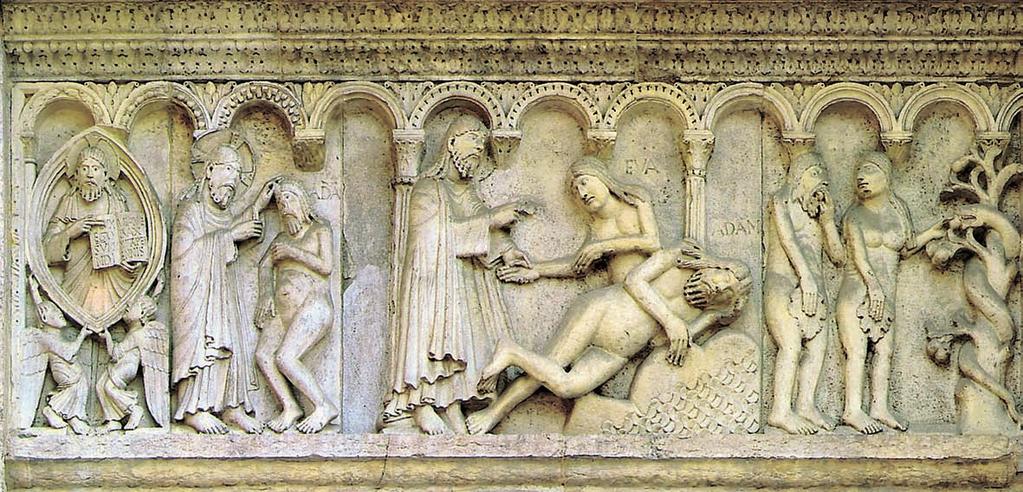 L arte Romanica Scultura Wiligelmo, Le Storie della Genesi, 1099-1106. Duomo di Modena La narrazione ha inizio con la figura di Dio entro una mandorla, simbolo della maestà divina.