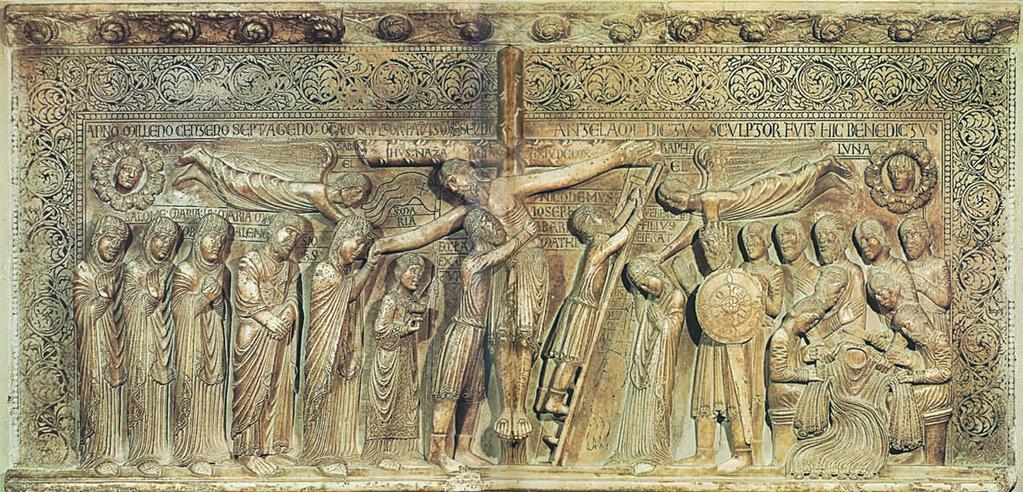 L arte Romanica Scultura Benedetto Antelami, Deposizione di Cristo, 1178. Duomo di Parma. Il sole e la luna, in posizione opposta, rappresentano la luce della fede e le tenebre sul mondo pagano.