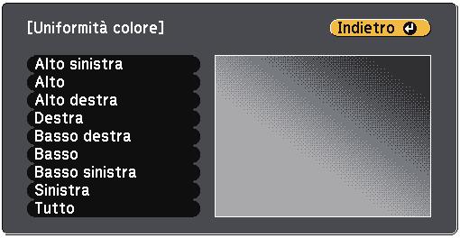 Selezionre il colore (Rosso, Verde o Blu) d regolre e utilizzre il tsto frecci sinistr per bbssre il tono del colore e il tsto frecci destr per umentre il tono del colore.