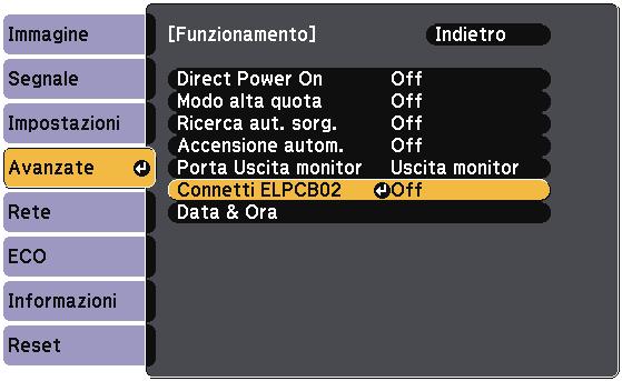 Proiezione di immgini dll port HDMI3 con l'unità di interfcci opzionle 143 d Selezionre Connetti ELPCB02 e premere [Enter].