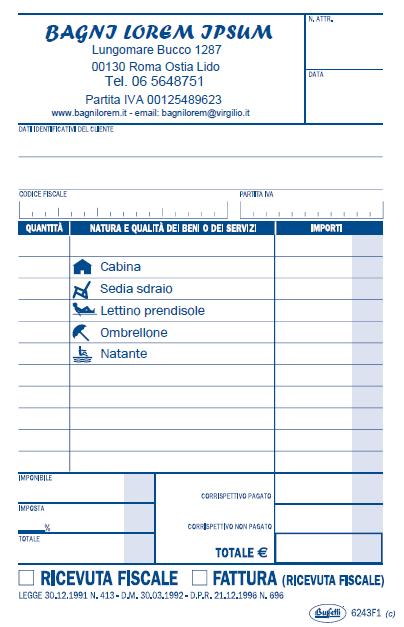 RICEVUTE FISCALI STABILIMENTI BALNEARI Ricevute fiscali in blocco carta auto copiante