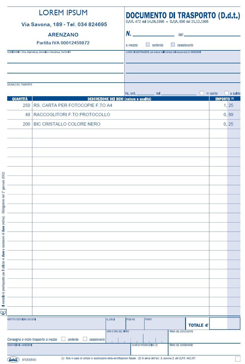 MODULISTICA NON FISCALE DOCUMENTI DI TRASPORTO Blocchi modulistica commerciale personalizzati ad 1 colore