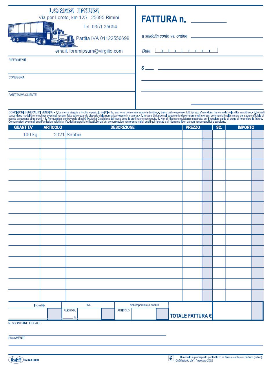 MODULISTICA NON FISCALE FATTURA 1 ALIQUOTA Blocchi modulistica commerciale personalizzati ad 1 colore