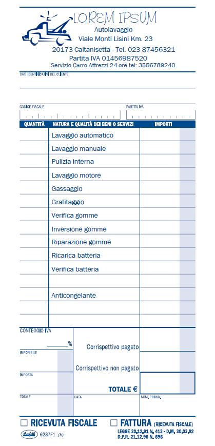 RICEVUTE FISCALI SERVIZI AUTO Ricevute fiscali in blocco carta auto copiante