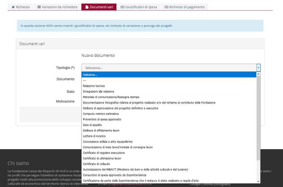 Sezione «Documenti vari»: inserire un documento Per inserire un documento occorre: cliccare sul pulsante «+ INSERISCI» selezionare la tipologia di documento dalla tendina caricare il documento in