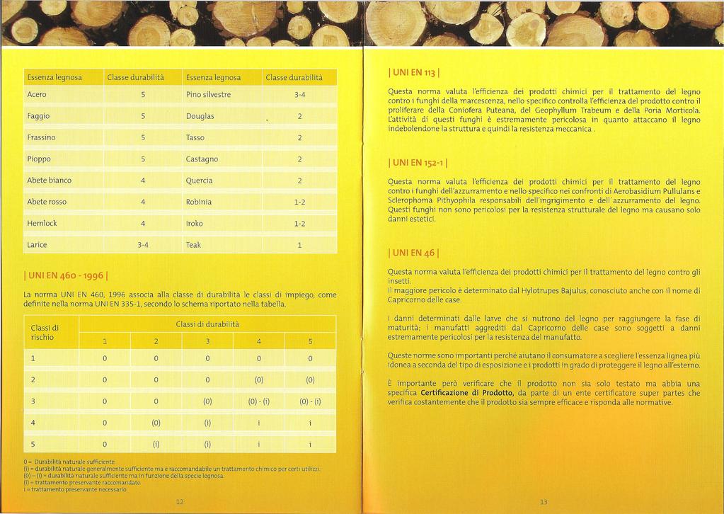 Essenza legnosa Classe durabilità Classe durabilità IUNIENl131 Questa norma valuta l'efficienza dei prodotti chimici per il trattamento del legno contro i funghi della marcescenza, nello specifico