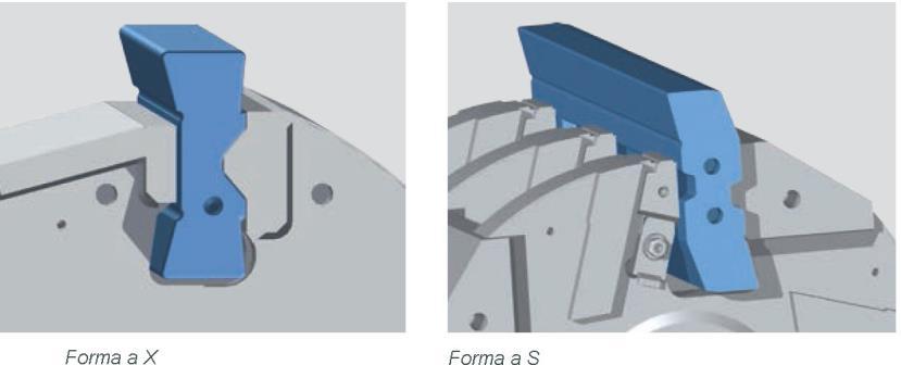 GEOMETRIA DEI MARTELLI Si utilizzano martelli di forma diversa in funzione del modello macchina. Kleemann propone tre diverse forme: forma a X, forma a S e forma a C.