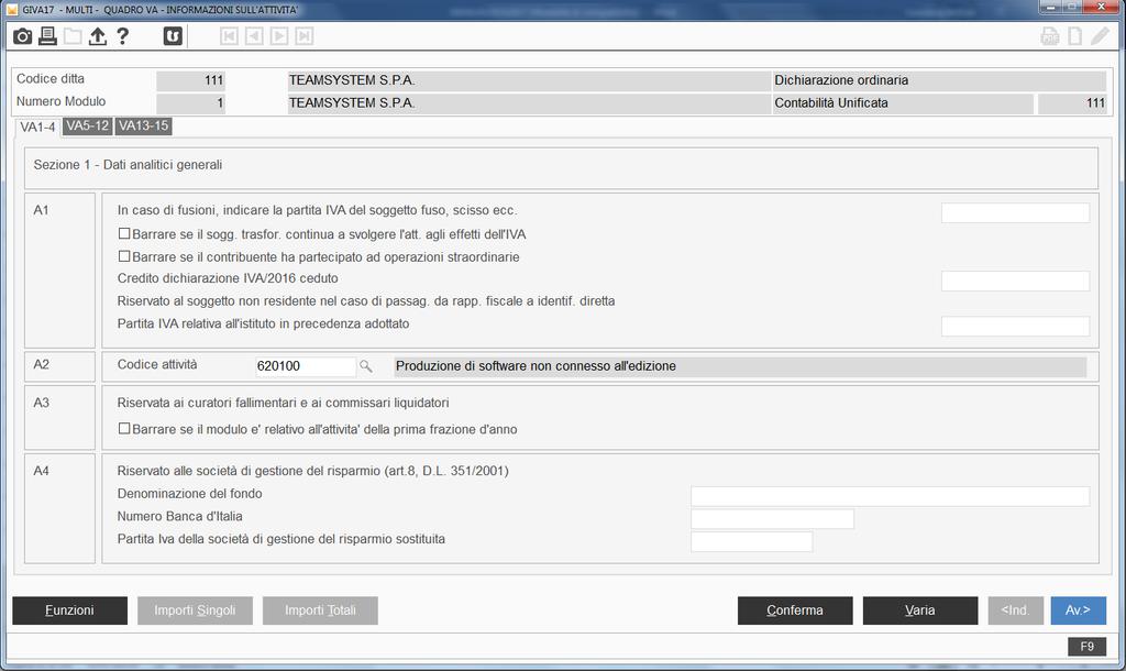 2.1 SEZIONE I Dati analitici generali VA1 Partita Iva del soggetto fuso, scisso, ecc.