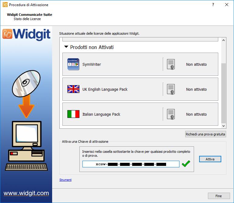 Istruzioni per l attivazione Passo 1: Aprite Attivazione Prodotti Widgit All apertura di Attivazione Prodotti Widgit potete: 1. vedere l attuale stato delle licenze delle applicazioni Widgit. 2.