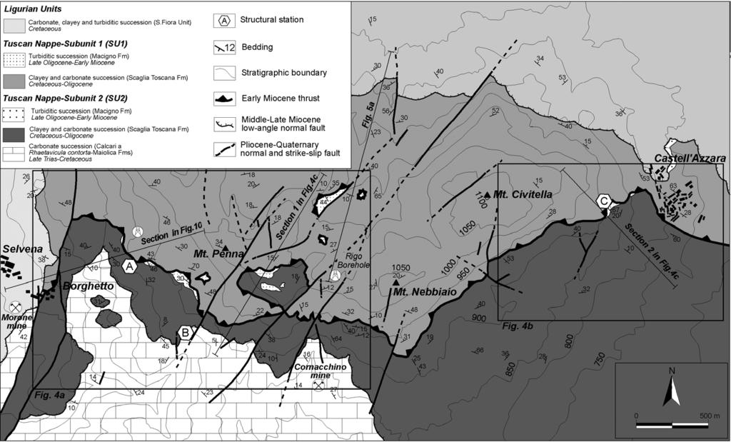 THE MONTE PENNA THRUST, SOUTHERN TUSCANY 77 Fig. 2 - Tectonic sketch showing the structure of the Tuscan Nappe in the Selvena-Castell Azzara area. Its location is given in fig. 1c.