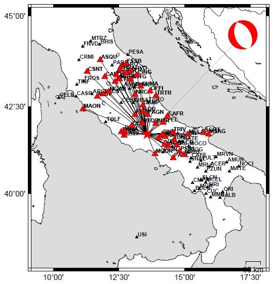 Meccanismo focale La soluzione graficata e' ottenuta con i dati a larga banda della Rete Sismica Nazionale e della rete MedNet dell'ingv.