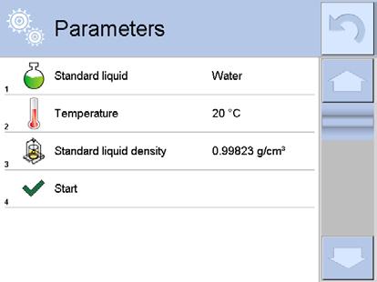 Densità del liquido di riferimento 1. In caso di selezione della opzione Water o Etanol la loro densità sarà automaticamente determinata e visualizzata in base alle tabelle di densità integrate: 2.