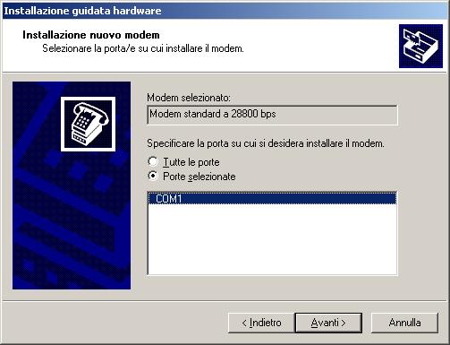selezionare quindi la porta seriale alla quale è collegato il telefonino (generalmente la Porta di comunicazione (COM1) se il