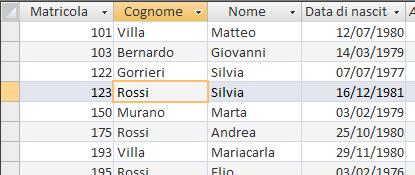 FILTRI Esempio: Visualizzare tutti i record con il cognome Rossi: