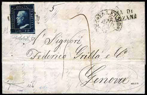 37 37 * 1859 - Lettera spedita da Palermo per Genova il 03.08.1959, affrancata con 10 gr. indaco, annullato con ferro di cavallo. Cert. A.D., cert. Bolaffi, cert. Bottacchi (12b). Foto................................................................ 6.