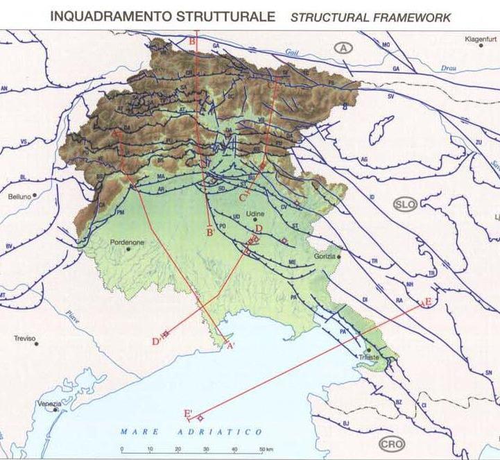 Linee tettoniche con direzioni alpine: E-W Linee