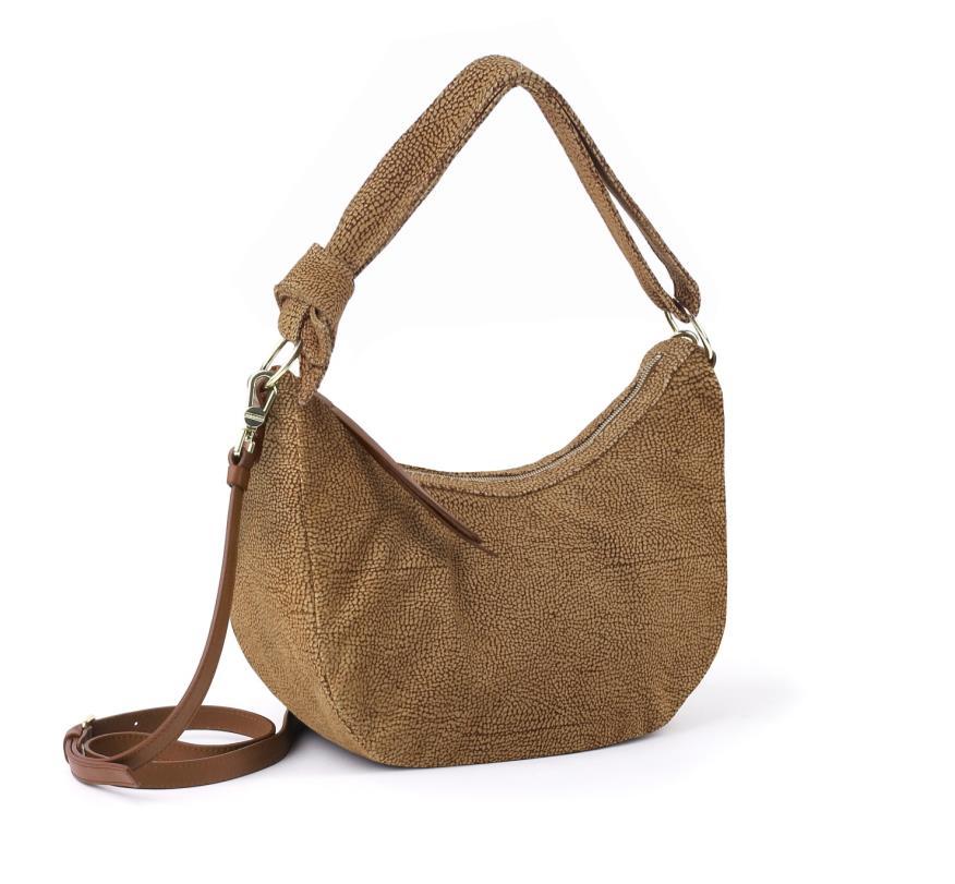 1.1 BORBONESE DONNA BORSE: CAMOSCIO OP LUNA C/T SMALL - CODICE: 913256_688 - DESCRIZIONE: LUNA BAG SMALL IN CAMOSCIO OP. SPALLACCIO MORBIDO DOPPIO CON NODO. CHIUSURA CON ZIP, TIRALAMPO IN PELLE.