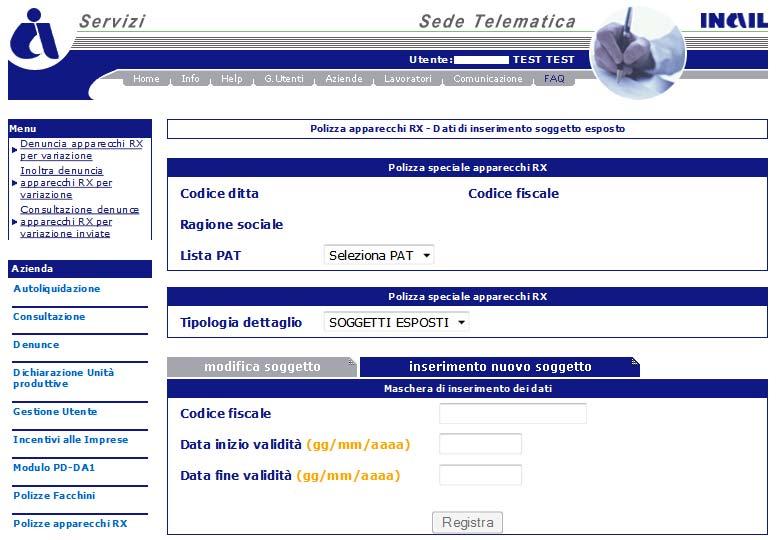 Figura 11 L applicazione renderà attiva la Maschera di inserimento dei dati in cui devono essere digitati i seguenti campi: Codice fiscale: campo alfa numerico obbligatorio in cui deve essere