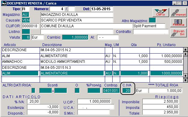 AD HOC WINDOWS DOCUMENTI SPLIT PAYMENT mentre l articolo presente nell impegno nr.