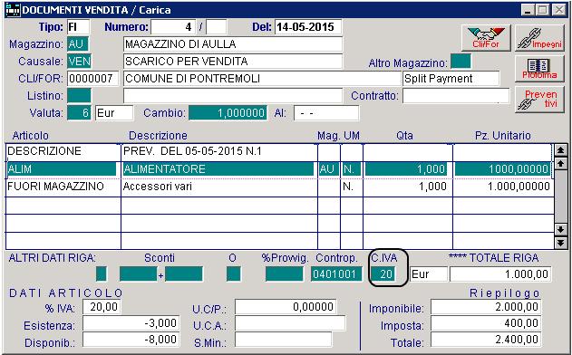 AD HOC WINDOWS DOCUMENTI SPLIT PAYMENT Ora supponiamo di evadere il preventivo con una fattura immediata sulla quale è abilitato il flag IVA Scissione Pagamenti.