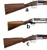 Struttura del fucile da caccia: 1. Calcio: a seconda del tipo di impugnatura si distinguono tre tipi di calcio: calcio all'inglese (a), calcio a pistola (c), calcio a mezza pistola (b). 2.