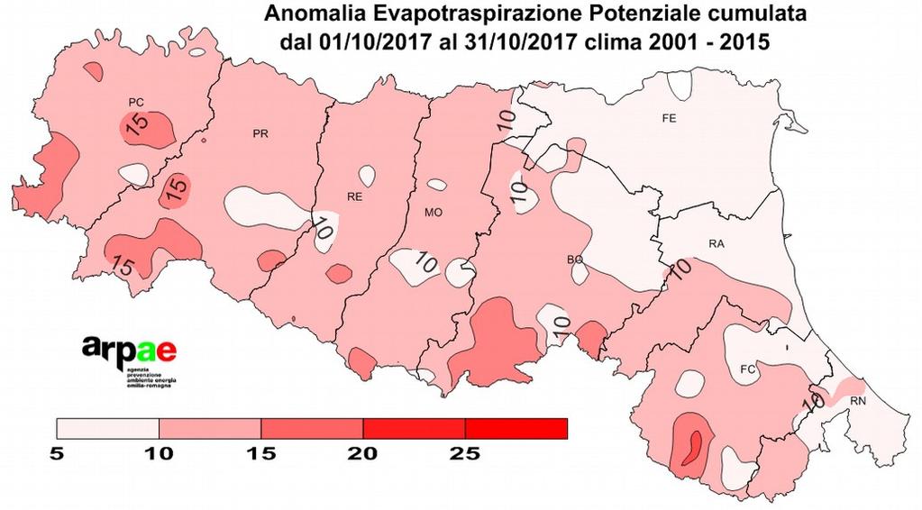 Evapotraspirazione potenziale (ETP) I valori cumulati di ETP risultano, in pianura superiori a 60 mm.