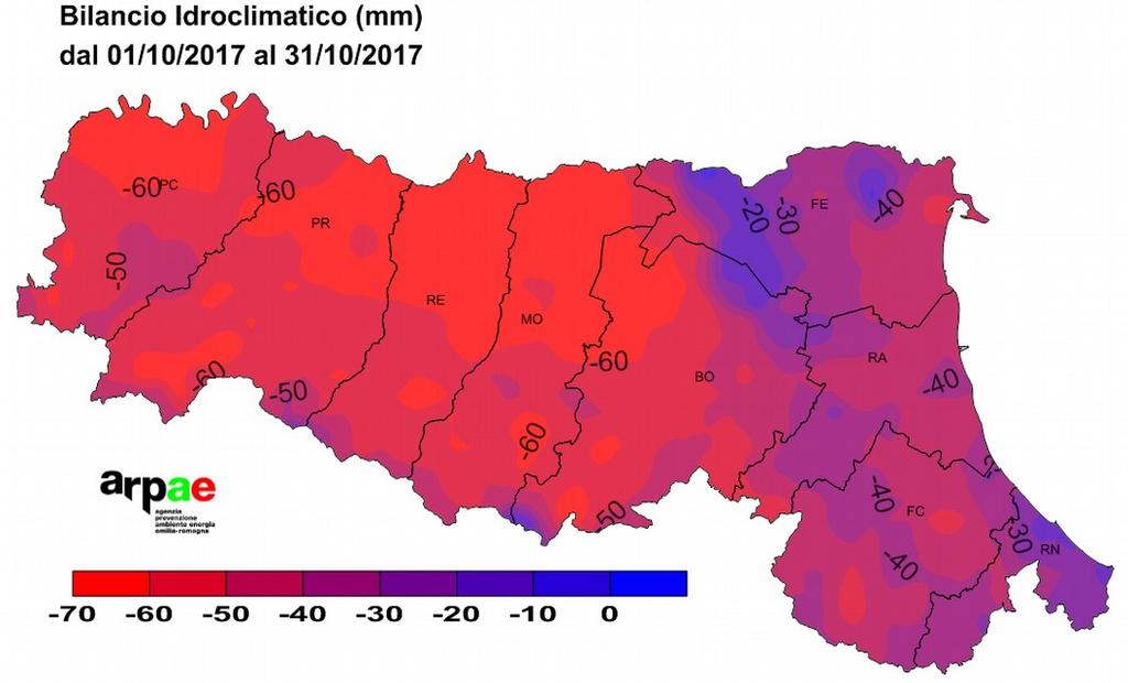 Bilancio idroclimatico (BIC) il BIC risulta ovunque negativo Rispetto ai valori medi degli ultimi 15 anni, il bilancio di ottobre 2017 stima in generale