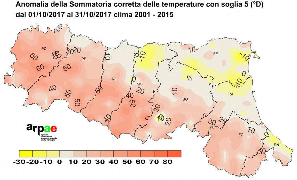 Sommatorie termiche: anomalia rispetto al clima (2001-2015) Soglia 0 C Dal confronto tra le sommatorie termiche del mese con soglia 0 C e quelle del periodo di riferimento si può notare che le