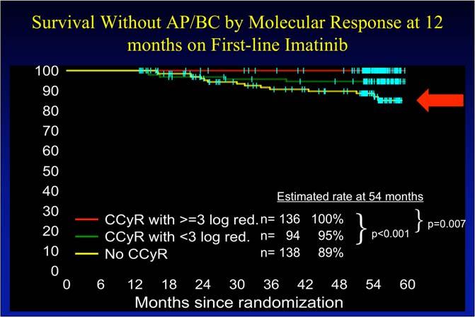 Survival Without AP/BC by Molecular Response at 12 months on First-line Imatinib