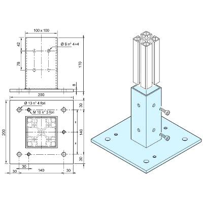 Basi di appoggio - Staffe ancoraggio - catalogo STRUTTURALE Basi di appoggio - Staffe ancoraggio SN04003 Base di appoggio ed ancoraggio a terra per profili 90x90mm Materiale: Fe verniciato RAL 9007