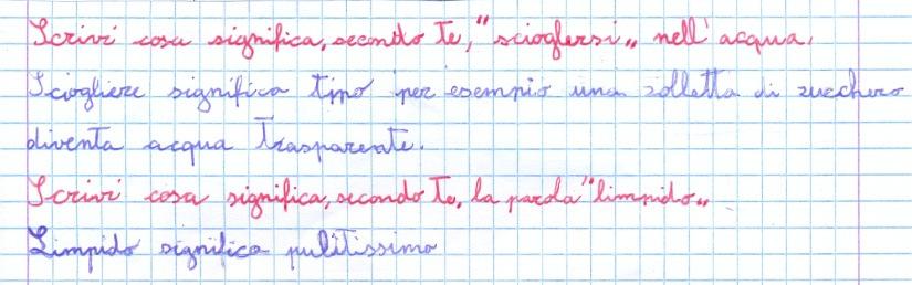 Nella compilazione della tabella, molti alunni utilizzano l espressione si è sciolto e anche l acqua è limpida.