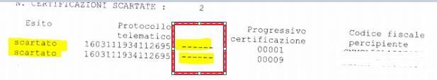 Risposta: Essendo stata scartata da subito la certificazione di questo percipiente, l'agenzia delle Entrate non l'ha elaborata, pertanto non ha un numero di progressivo protocollo (numero a fianco al