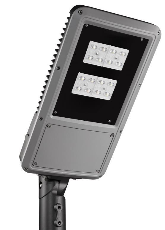 LONDON LED Armatura Stradale con tecnologia LED per illuminazione pubblica. LED street light. Corpo in alluminio pressofuso verniciato RAL 9023. Attacco regolabile per pali ø 60mm.