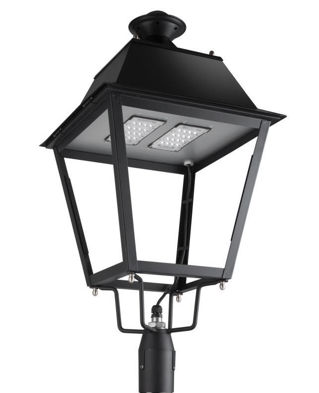 PARIGI LED Lanterna per testapalo con tecnologia LED per arredo urbano. LED pole lantern. Corpo in alluminio pressofuso verniciato RAL 9005. Attacco regolabile per pali ø 60mm.