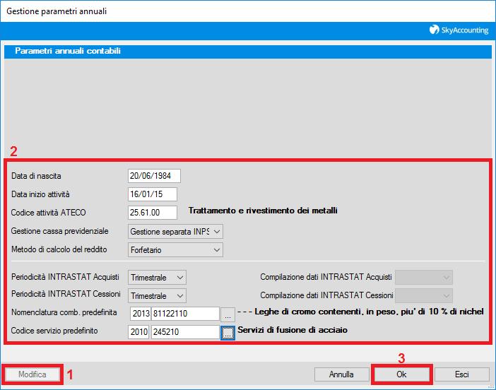 Da questa schermata potrai configurare i parametri dell'anno di lavoro : 1.