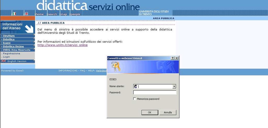 ISCRIZIONE AL TEST Per iscriversi al test: selezionare la voce login dal menu di sinistra ed inserire nome utente e password nell apposito spazio.