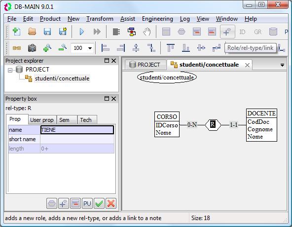 Definizione di associazioni (1) Selezionare lo strumento Role rel-type/link Trascinare un collegamento tra le due entità coinvolte.