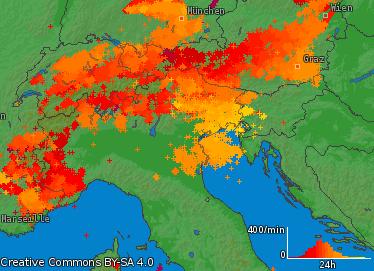 In Veneto la maggior parte dei fulmini è stata rilevata nel corso del pomeriggio e della serata.