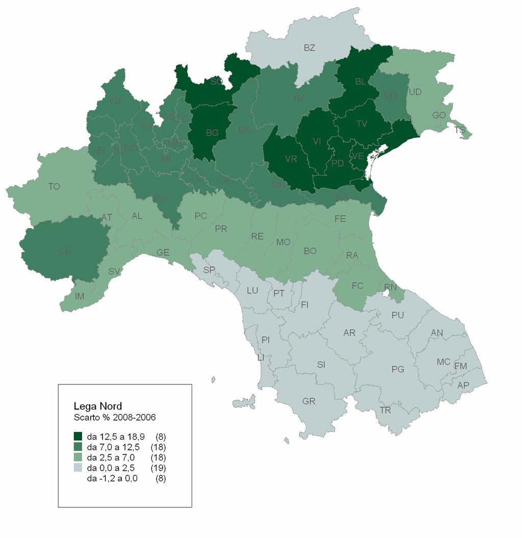 8 Lega Nord: scarto politiche 2008/2006 (per provincia) Verona + 18,8 Treviso + 16,8 Sondrio + 16,4 Padova + 16,3