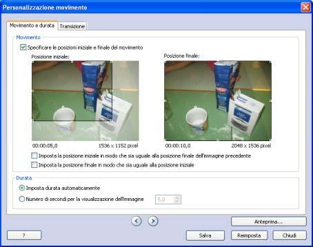 In questa finestra puoi impostare altri parametri, come la durata della scena relativa alla singola foto (se non è definita dalla lunghezza di un commento audio).