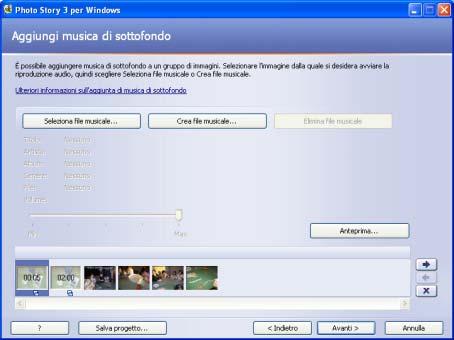 Quando aggiungi la musica, PhotoStory farà corrispondere la sua durata a quella del video: una canzone da 2:50 imposterà la lunghezza di riproduzione del video a 2:50.