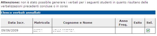 E possibile procedere generando solo alcuni verbali per volta tramite il flag in corrispondenza del campo Sel. Il sistema di default seleziona tutti gli studenti.