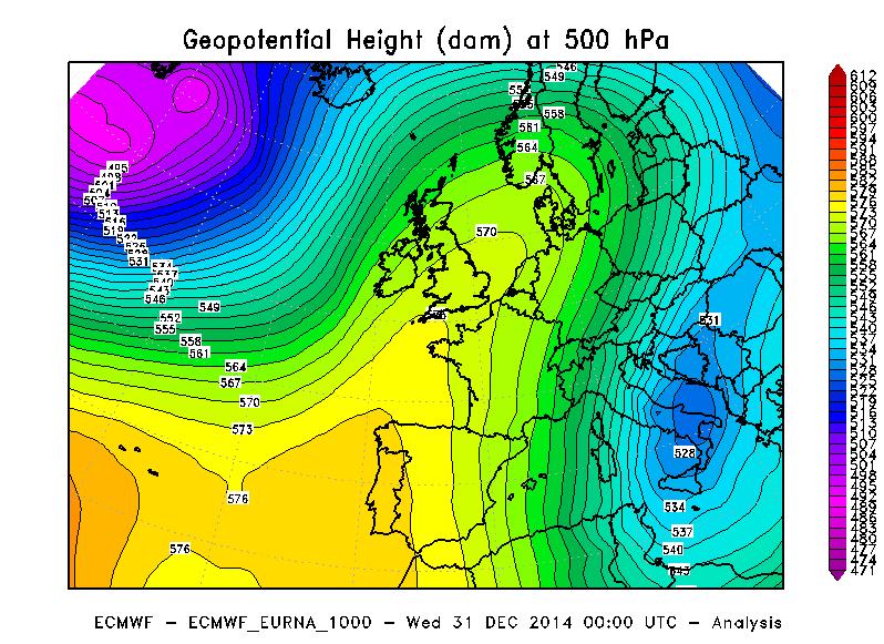 Figura 2 - Altezza di geopotenziale a 500 hpa alle ore 00 UTC del 31 Dicembre 2014. Elaborazione Arpa Piemonte su dati ECMWF.