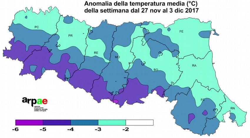 Precipitazioni in generale deboli nei giorni di mercoledì 29 novembre, venerdì 1 e sabato 2 dicembre, cumulate settimanali quasi ovunque inferiori alle attese, superiori solo in aree del riminese, e