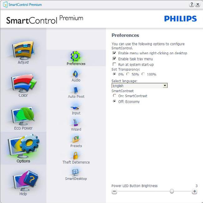 Menu Options (Opzioni) Options > Preferences (Opzioni > Preferenze) Sarà attivo solo quando si seleziona Preferences (Preferenze) dal menu a