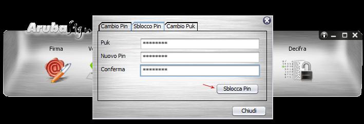 11.2 Sblocco PIN SMART CARD Per sbloccare il codice PIN della Smart Card, cliccare sul pulsante "Gestione Carta" del Software Aruba Sign: Al Tab "Sblocco PIN" inserire: Codice PUK della Smart Card;