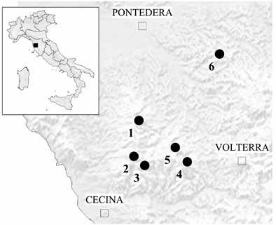Figura 1 Localizzazione delle aree di studio nei comuni di Casciana Terme (1), Chianni (2), Riparbella (3), Montecatini Val di Cecina (4), Orciatico (5) e Palaia (6).