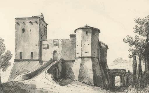 Santarcangelo di Romagna: la rocca fatta restaurare nel 1447 da Sigismondo Malatesta di Rimini, disegno di Romolo Liverani (1859) per l inutilità di opporsi al vendicativo Borgia.