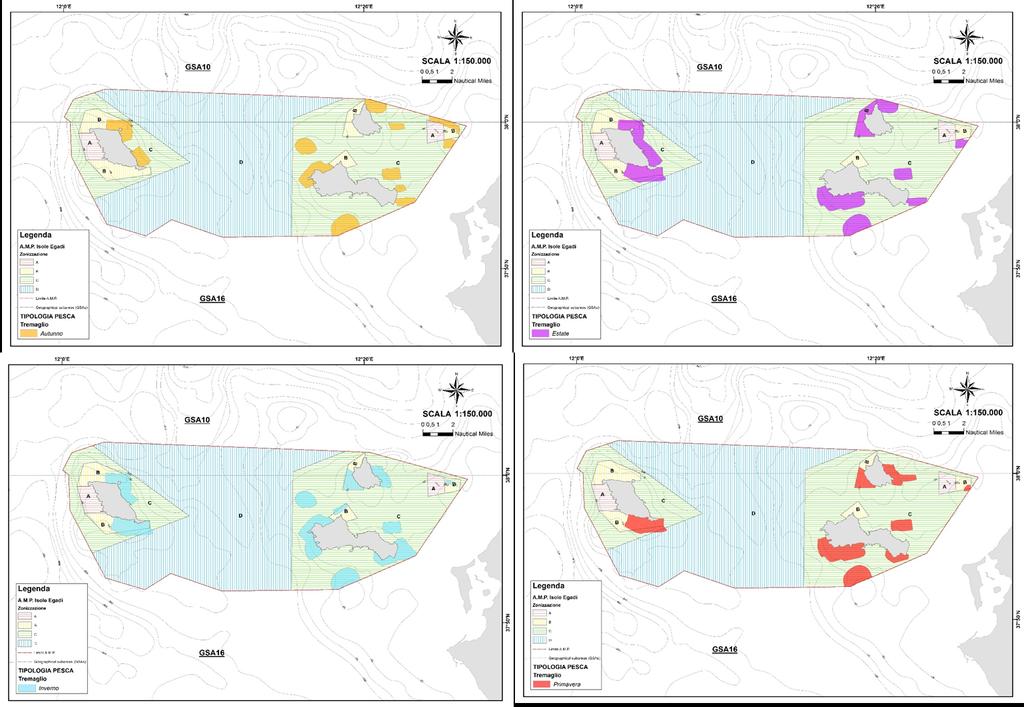 Fig. 2 Distribuzione spazio-temporale della pesca a tremaglio operante nella AMP Isole Egadi.